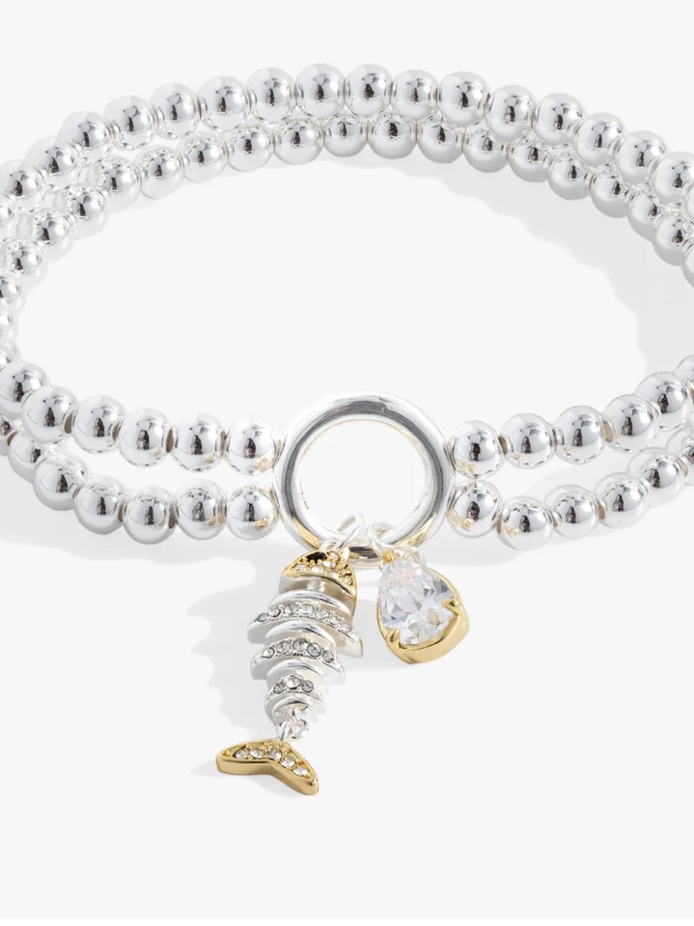 Alex and Ani Silver Beaded Double-Row Bracelet with Gold Fishbone Charm